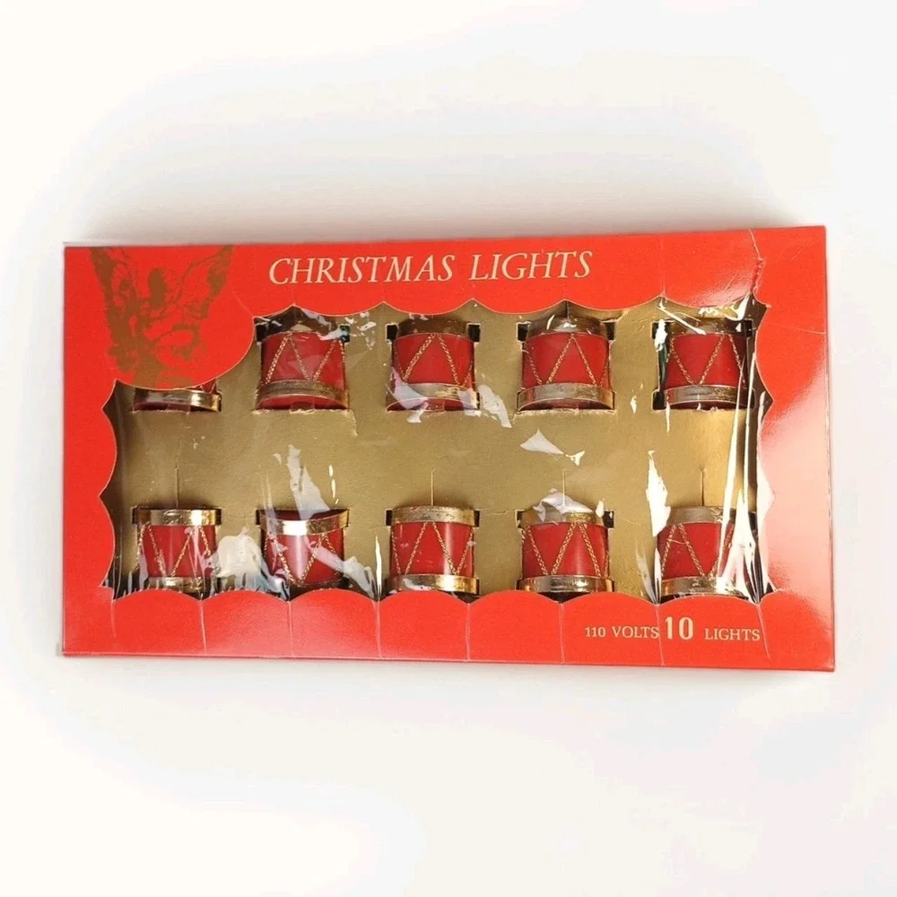 Silvestri Art Christmas Light String 10 Red Gold Drums in Box VTG Italy WORKS